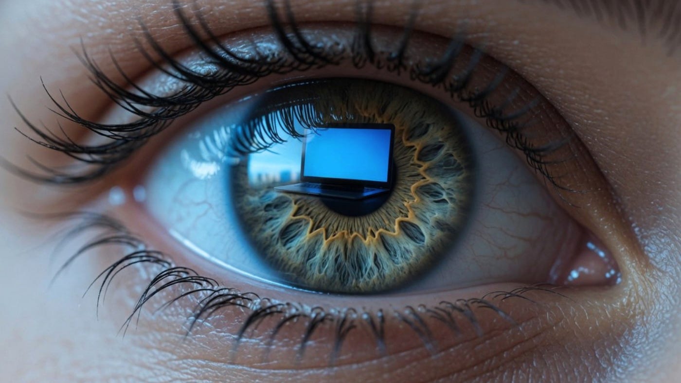A close-up of a human eye with a small laptop screen reflected in its iris.
