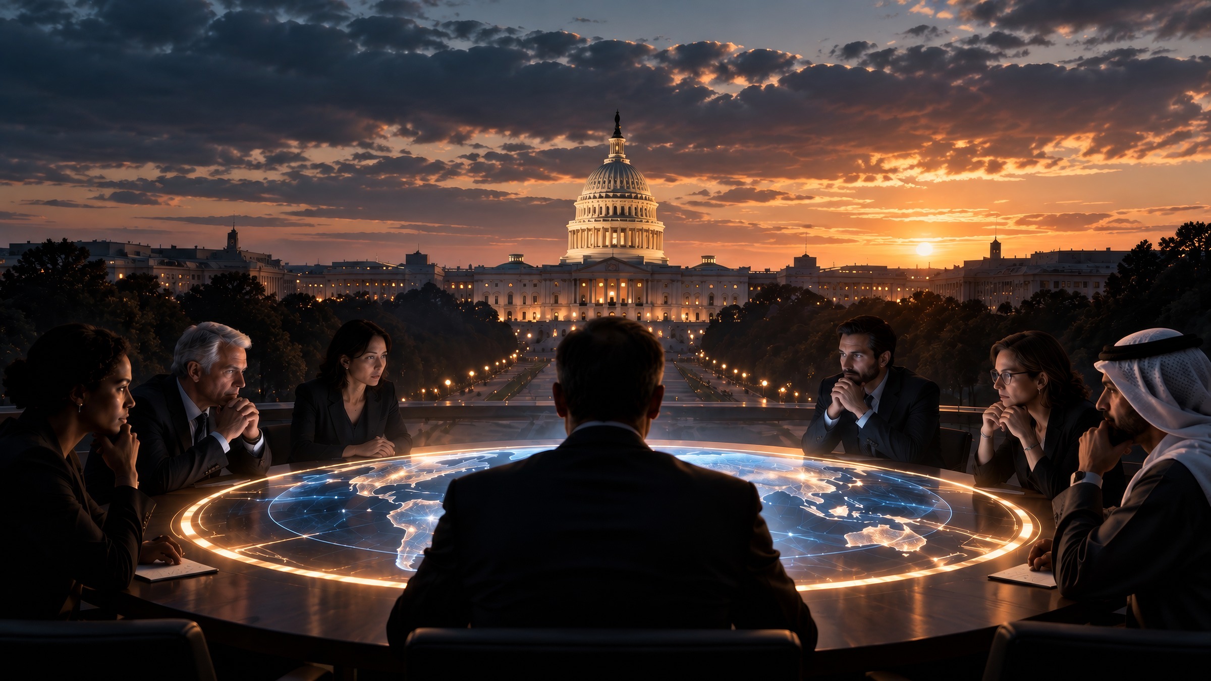 Seven people in business clothes sit around a glowing world-map table on a rooftop, with the U.S. Capitol lit up at dusk behind them.