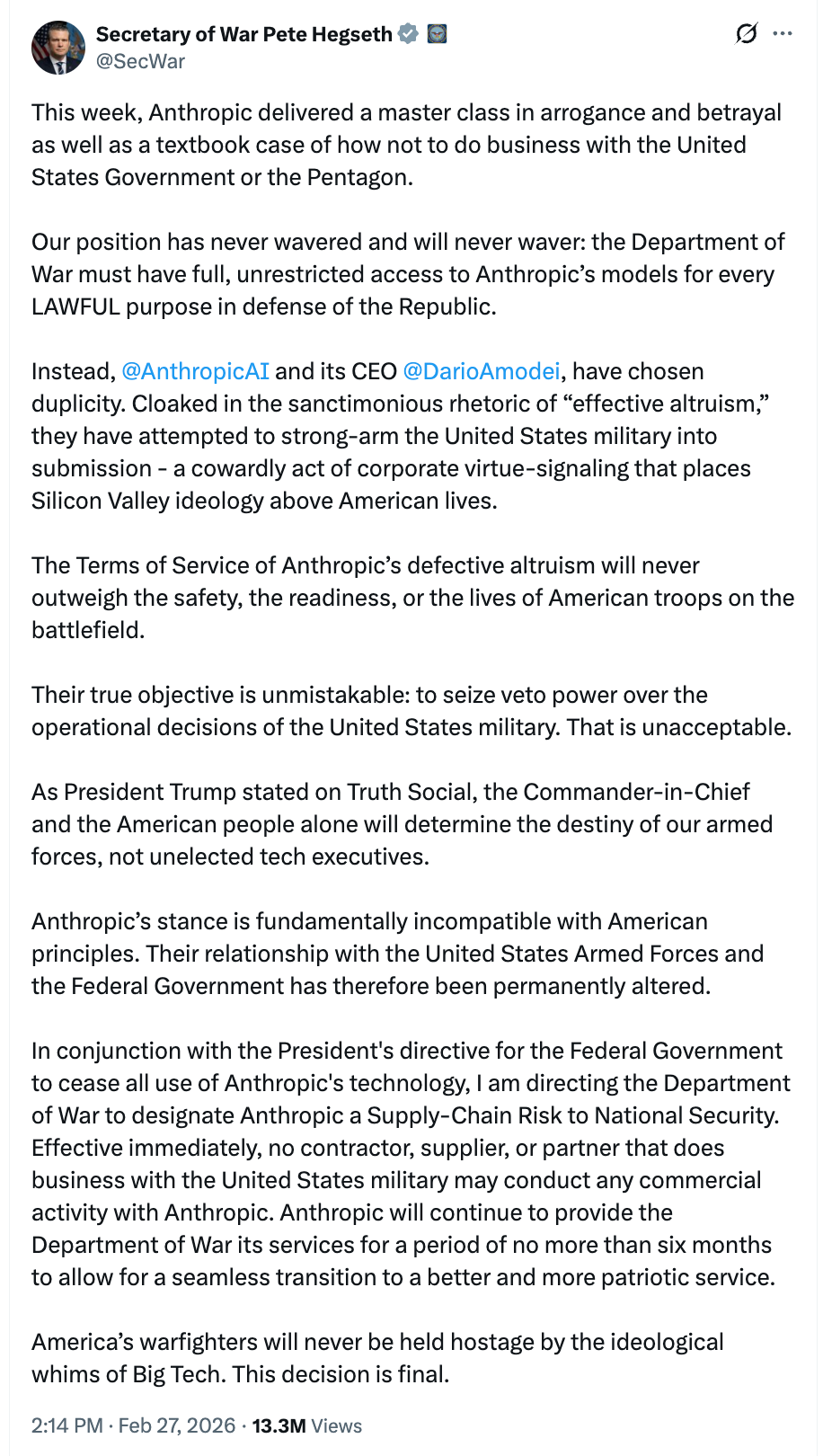 Screenshot of a post by Secretary of War Pete Hegseth accusing Anthropic of “arrogance and betrayal” and directing that the company be treated as a supply chain risk.