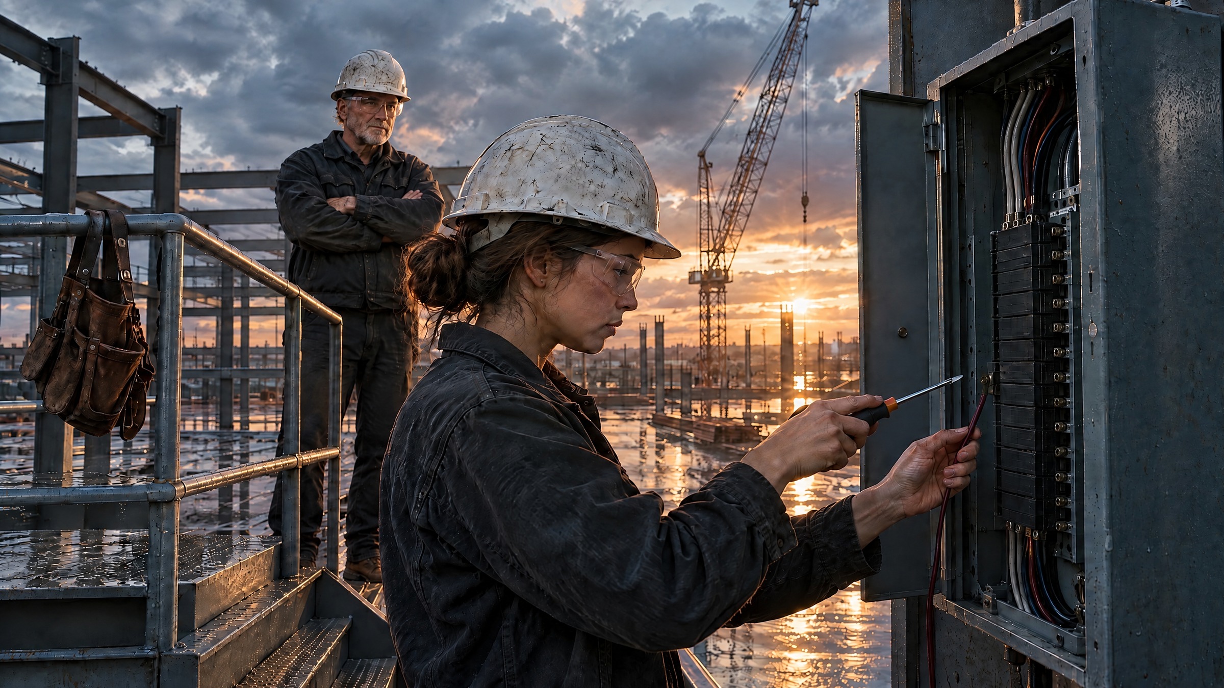 A veteran electrician stands with his arms folded on a steel landing while his apprentice, holding a screwdriver and a wire, works at an open electrical panel in a half-built factory at sunset.
