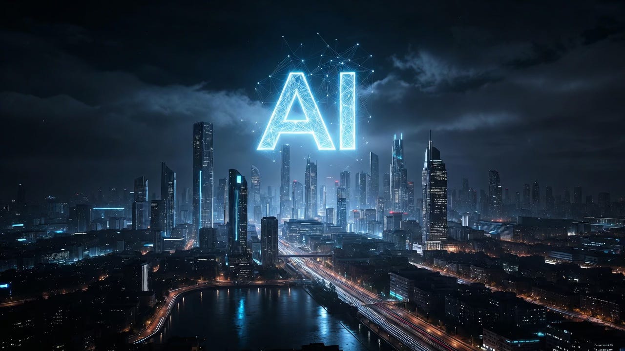 The letters “AI” glow in blue light above a city skyline at night.