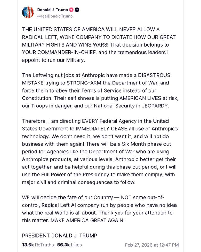 Screenshot of a Truth Social post by President Donald J. Trump directing every federal agency to immediately stop using Anthropic’s technology.