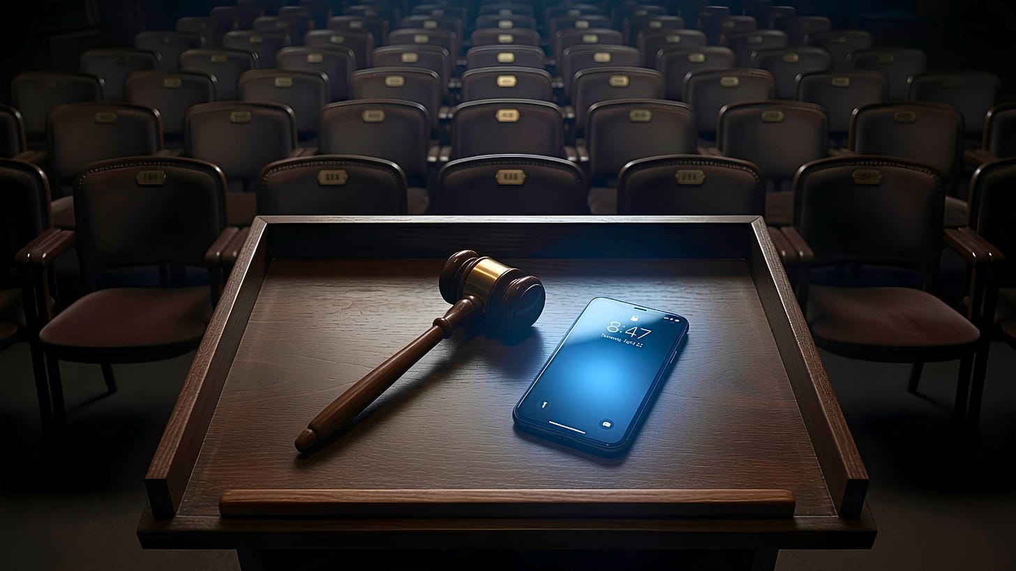 An auction gavel and a lit smartphone rest on a wooden lectern in front of rows of empty seats.
