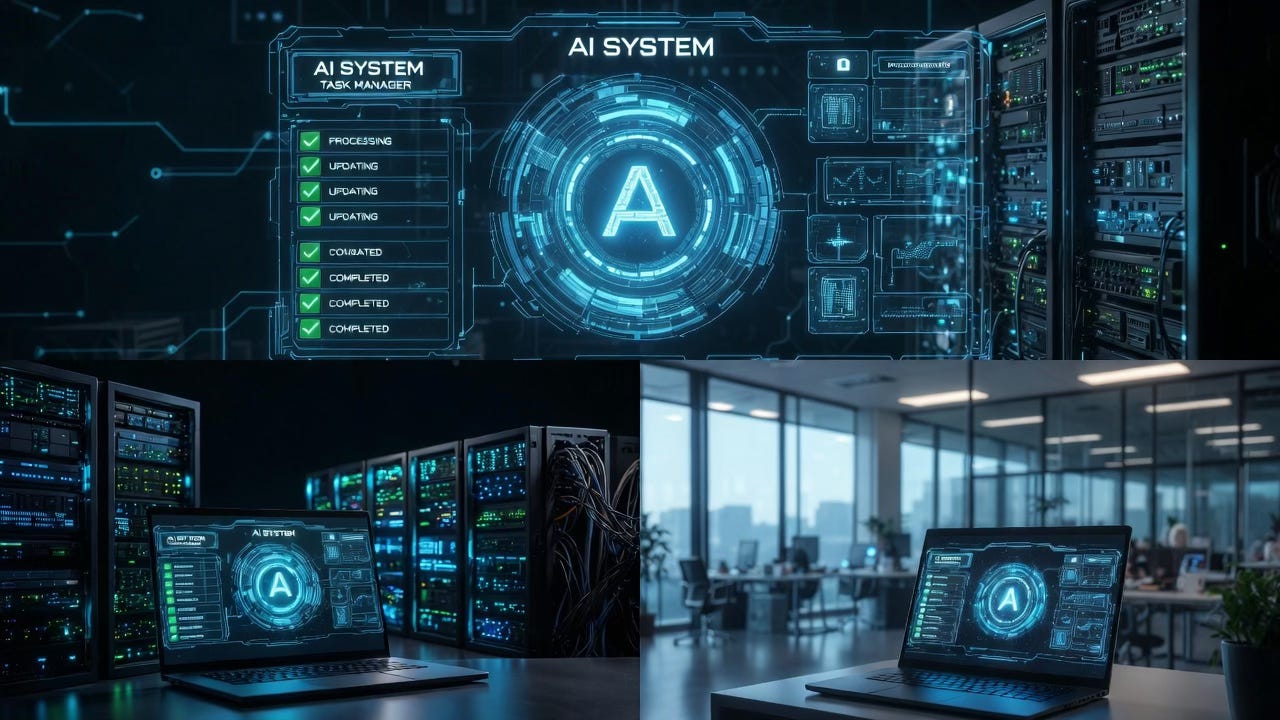 Screens and laptops in a server room and an office display a glowing “AI System” dashboard with a list of completed tasks.