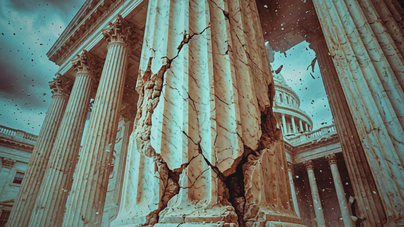 A marble column cracks apart in front of a classical building, with the U.S. Capitol dome behind it and debris in the air.