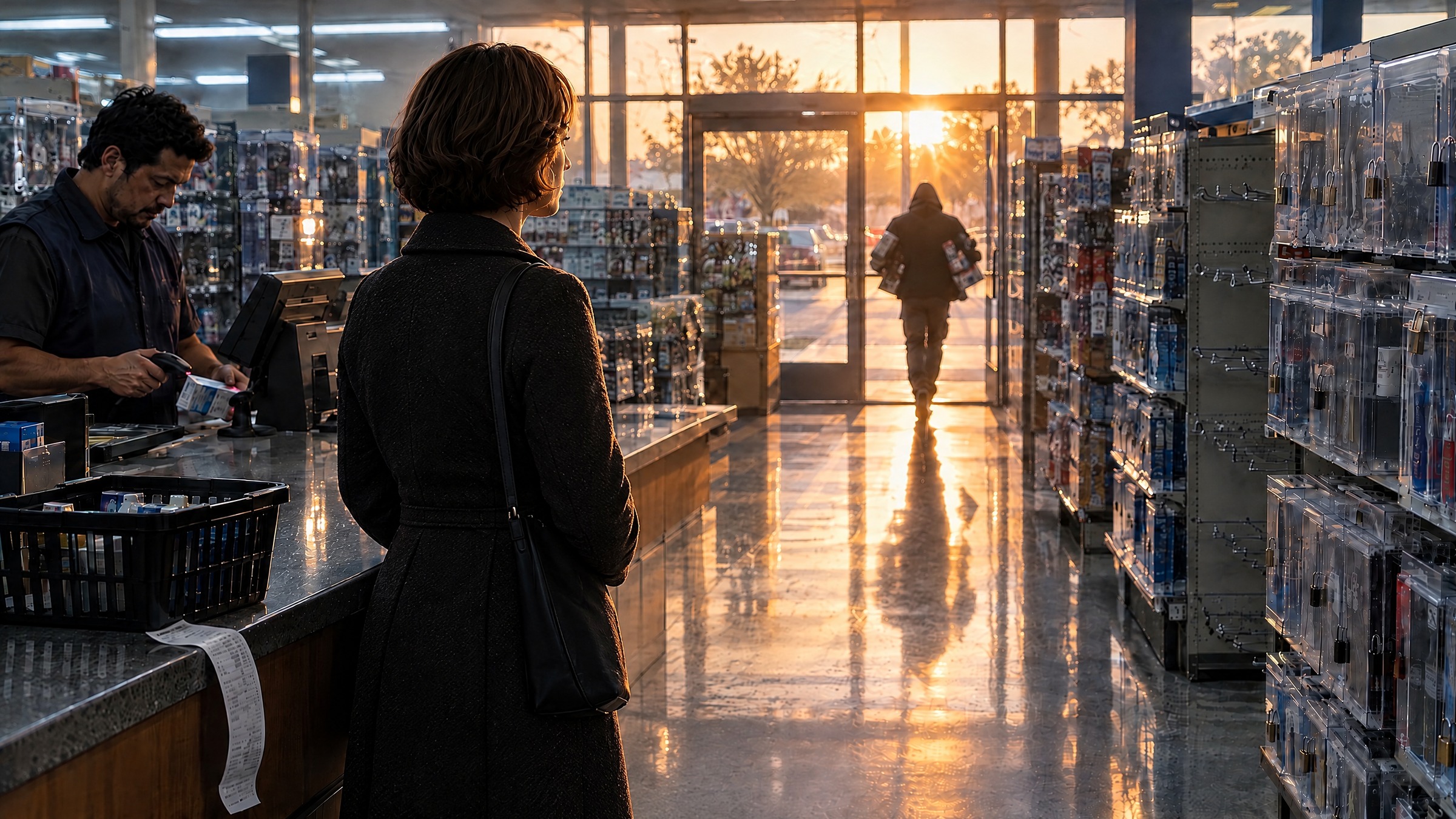 At a drugstore checkout, a woman with her back to the camera turns her head to watch a hooded man walk out the sunlit doors with armloads of merchandise while the clerk scans her items.