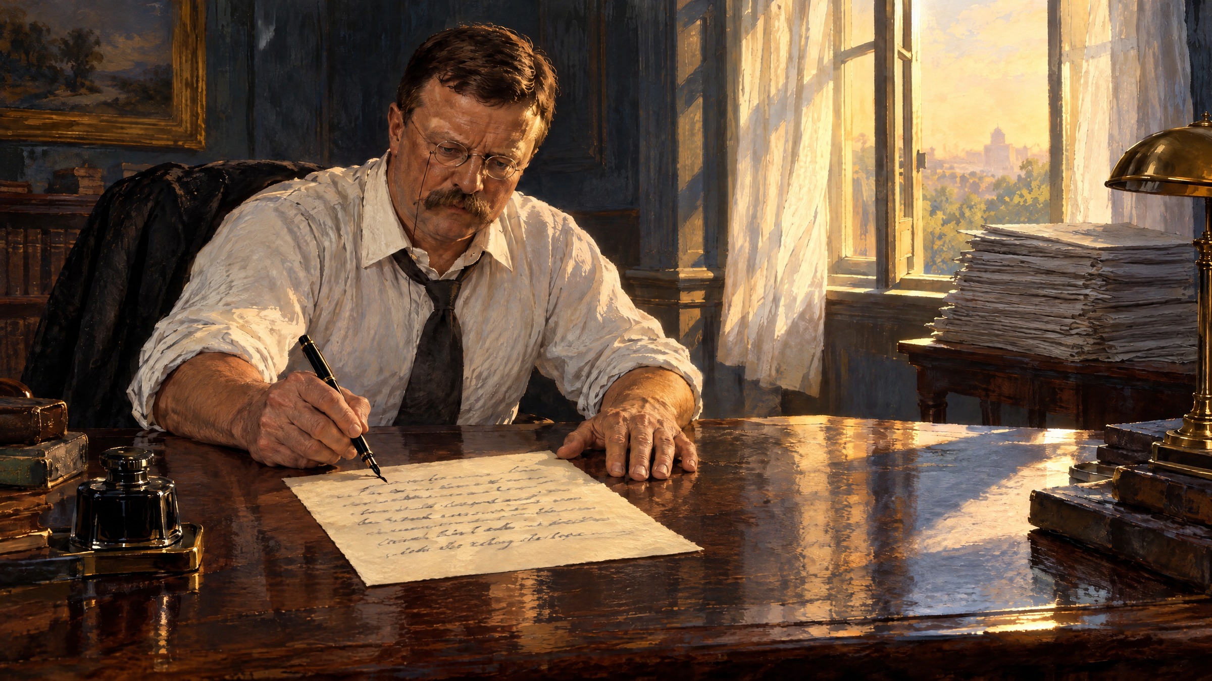 A painted scene of President Theodore Roosevelt in shirtsleeves, writing a letter by hand at a polished wooden desk, with a stack of newspapers beside a sunlit window.
