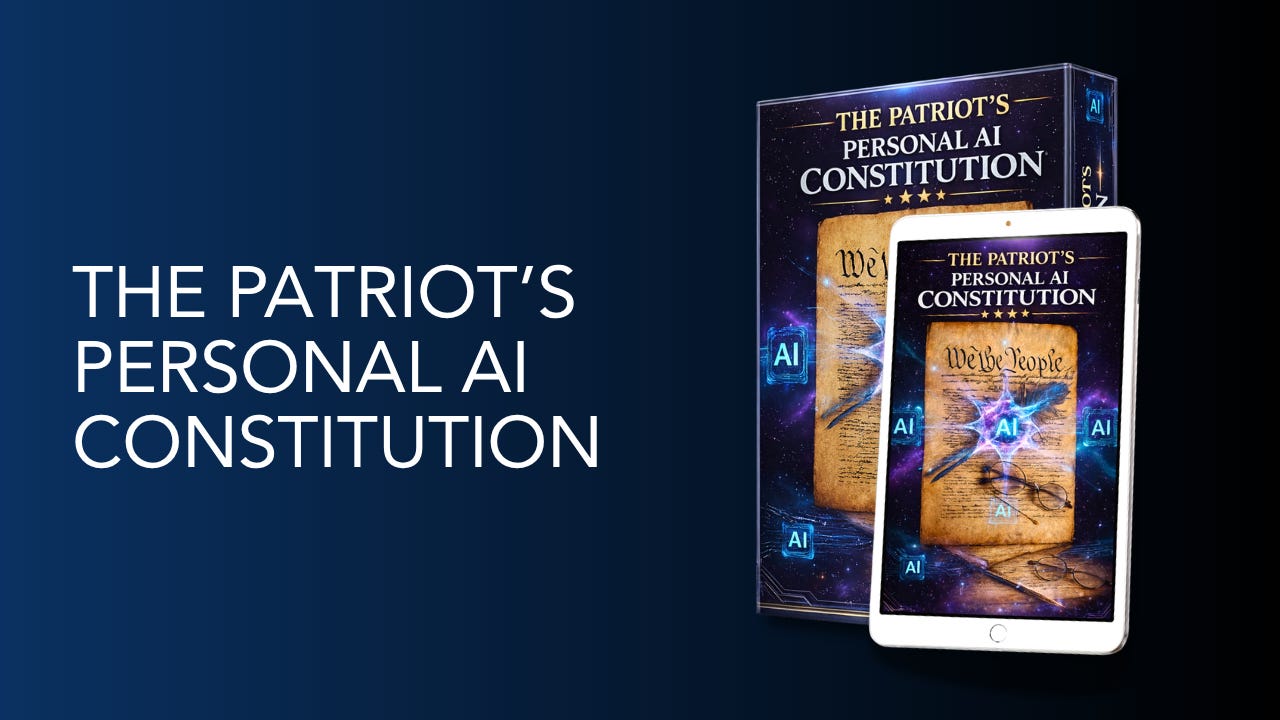 The Patriot’s Personal AI Constitution course, shown as a book cover and on a tablet screen.