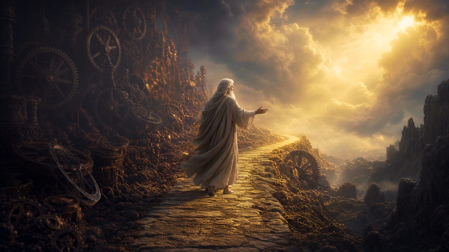 A robed figure walks along a stone path toward golden sunlight, away from a landscape filled with old gears and machinery.