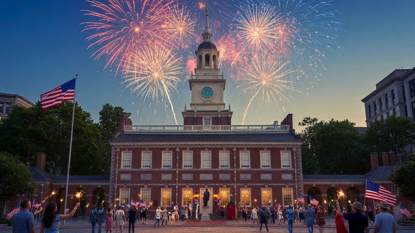 Fireworks burst over Independence Hall at dusk as people with small American flags gather in the square below.